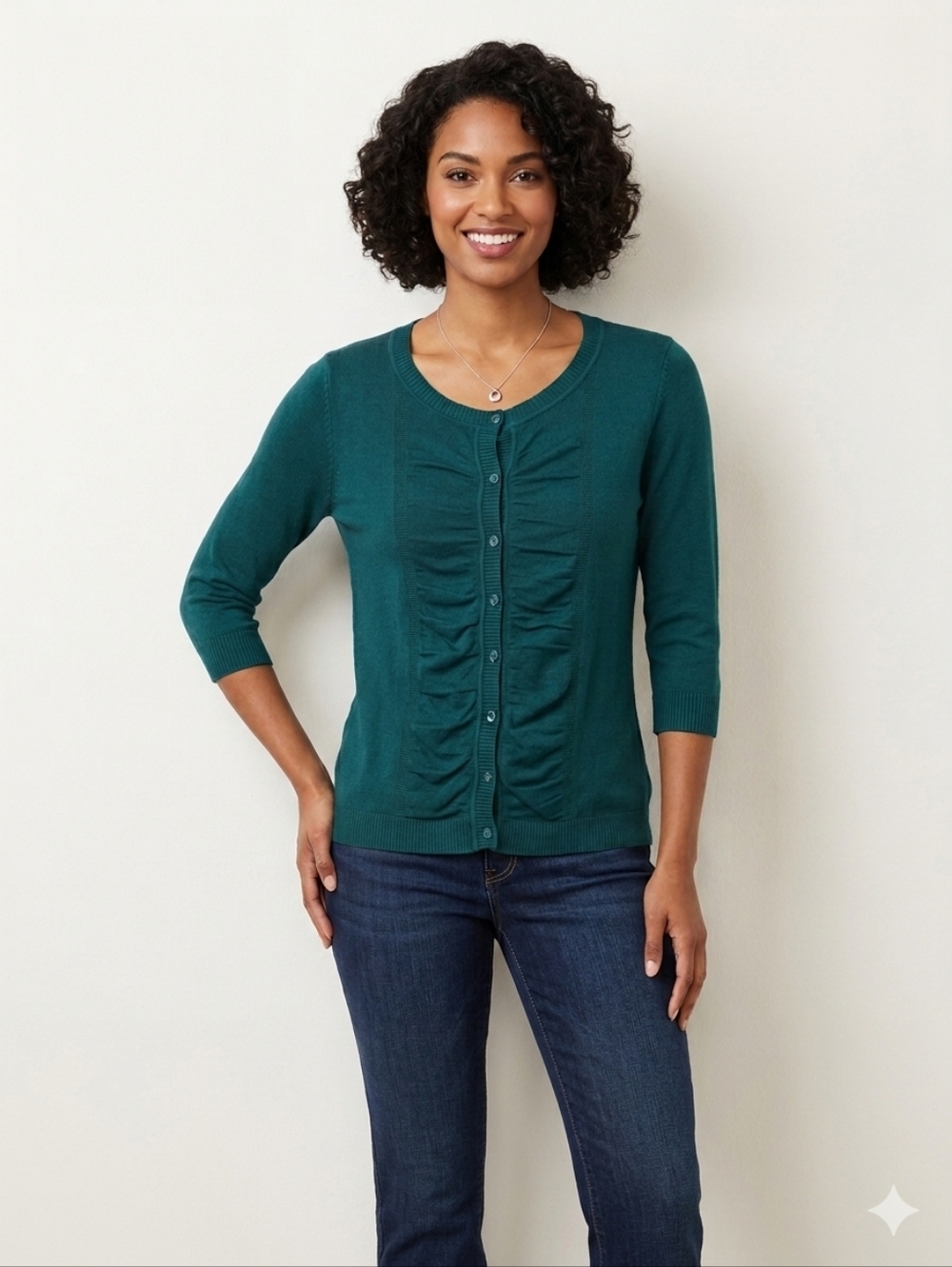 United States Sweaters Women's L Teal Green Cardigan 3/4 Sleeve Ruched Front Top